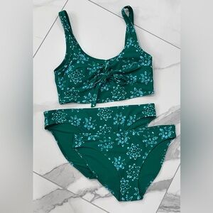 Aerie American Eagle Emerald Green and White Floral Lace-up Matching Bikini Set